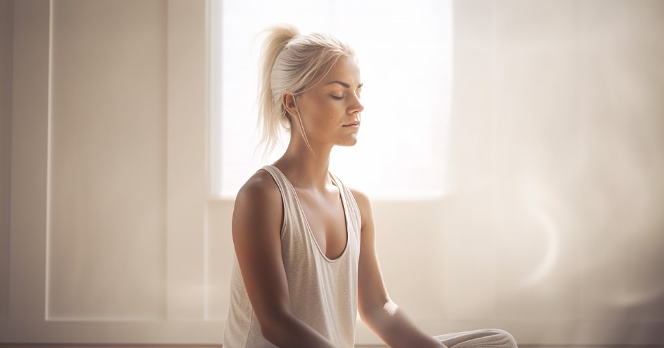 A woman meditating in soft light by a window